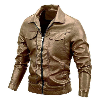 Men's brown faux leather jacket with front zipper and chest pockets, FashionRay style