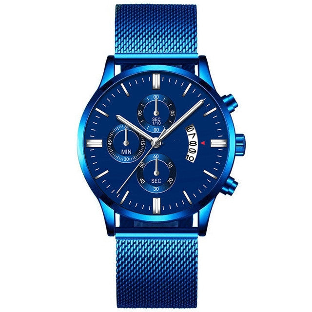 Trendy blue chronograph wristwatch with mesh band from FashionRay