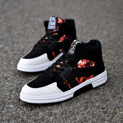 FashionRay black and white high-top sneakers with bold flame design on street