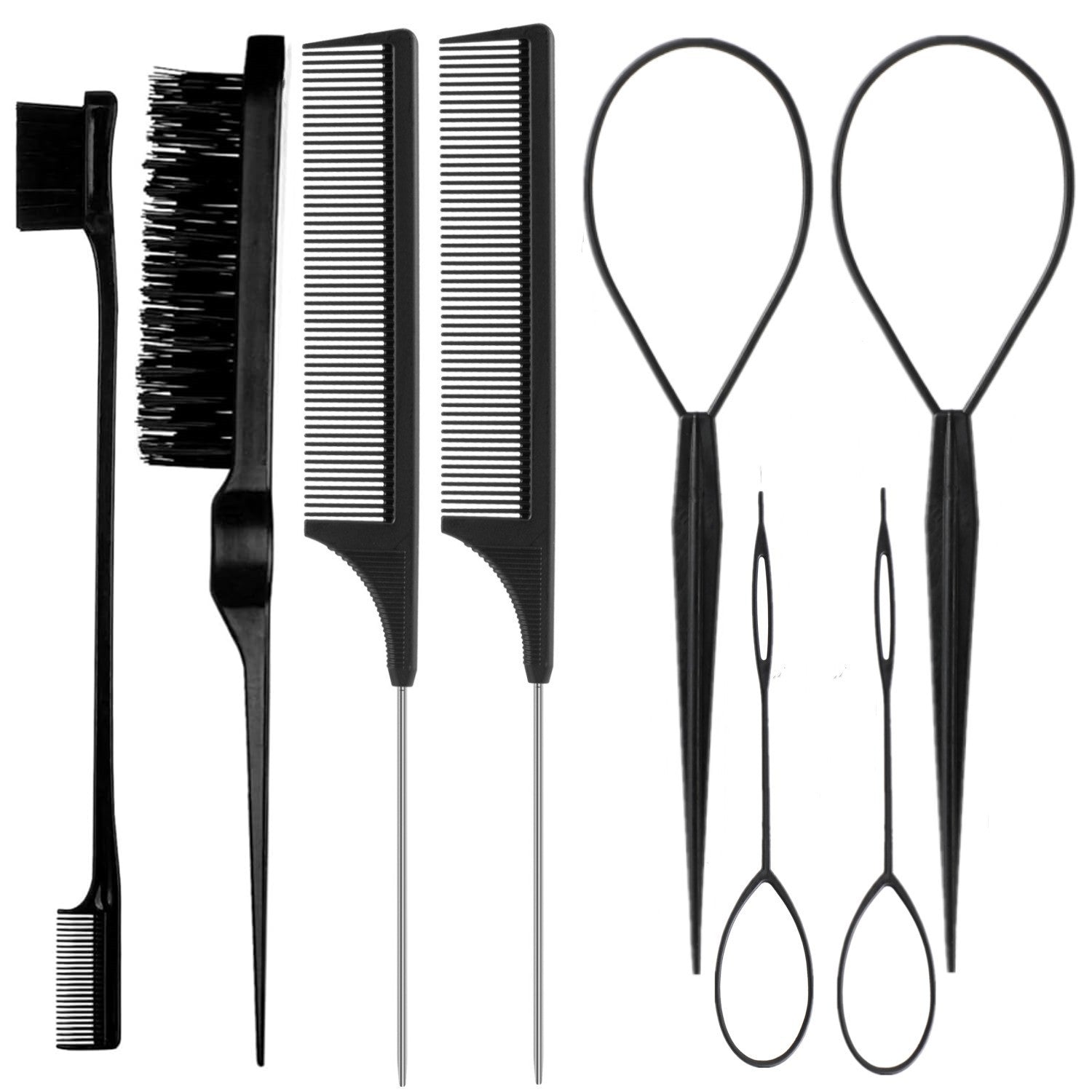 Black hair styling tool set with combs, brushes, and looped hair pullers on white background