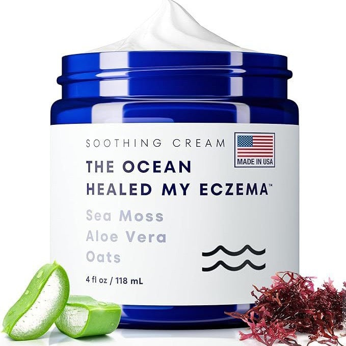 Blue jar of sea moss, aloe vera, and oats soothing cream for sensitive skin, FashionRay.