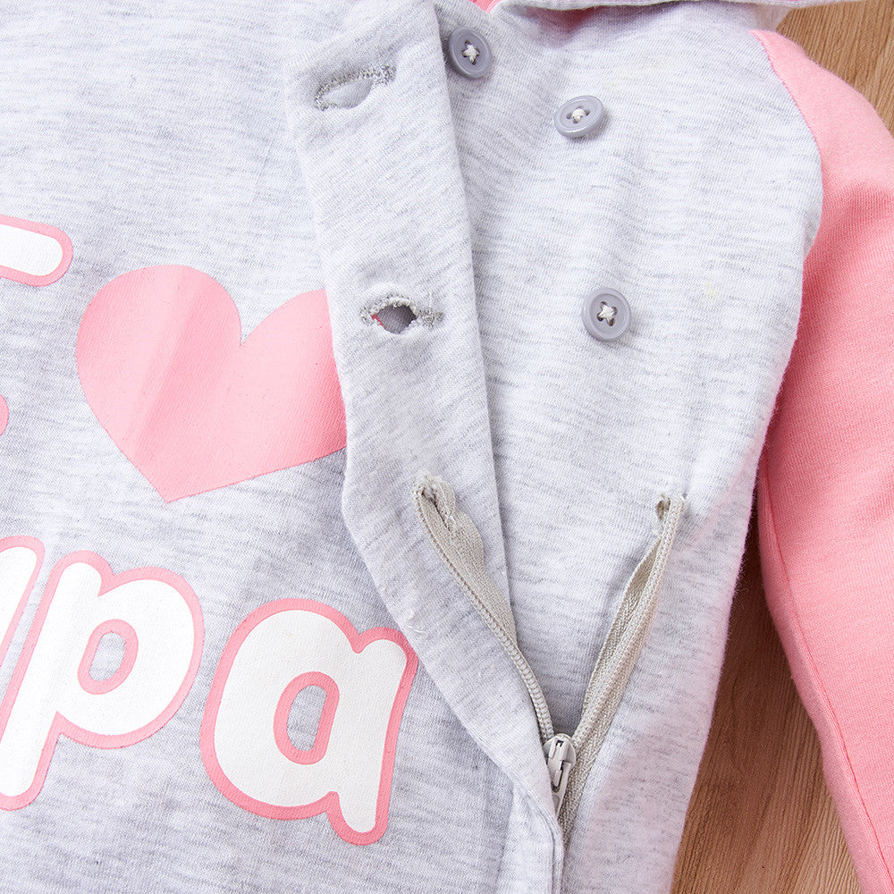 Close-up of a grey and pink button-up hoodie with 'I love papa' text, FashionRay kidswear