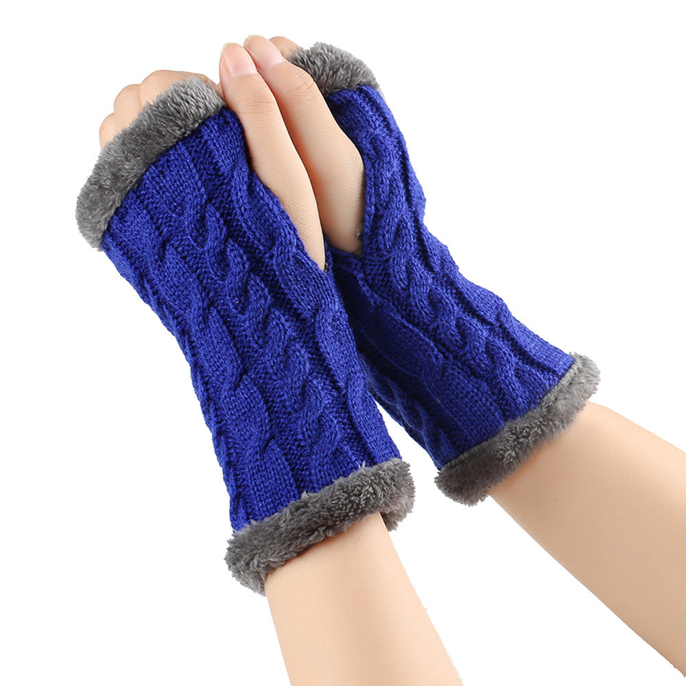 Blue knit fingerless gloves with gray fur trim, cozy winter accessory from FashionRay