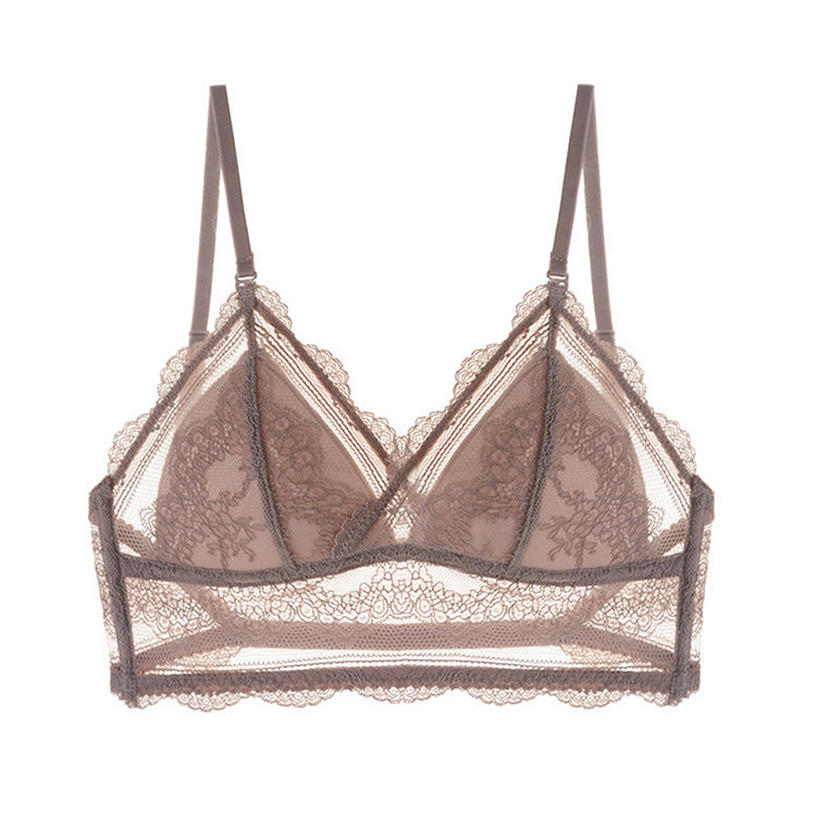 FashionRay sheer lace bralette in taupe with delicate floral trim and adjustable straps