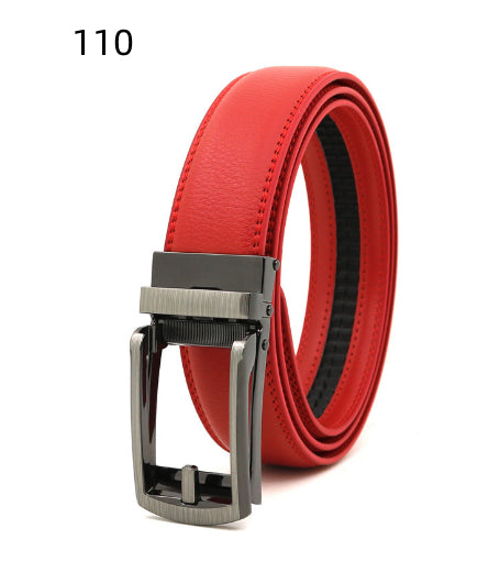 Trendy red leather belt with metal buckle, stylish accessory from FashionRay