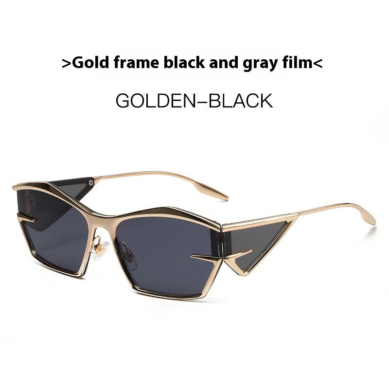 FashionRay golden-black sunglasses with bold geometric gold frame and dark gray lenses