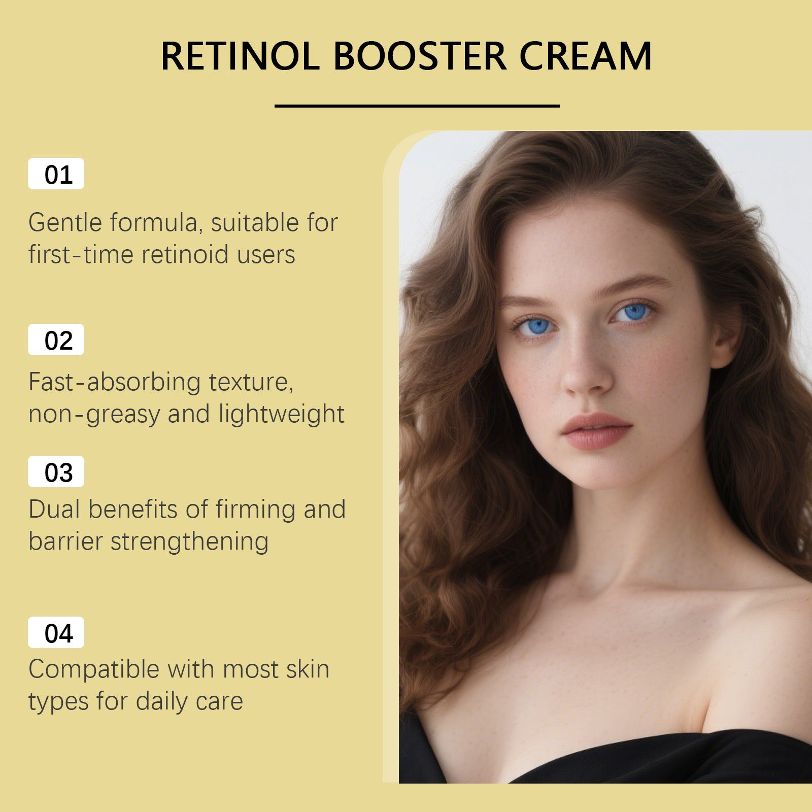 Retinol booster cream product benefits list with a woman model and FashionRay branding