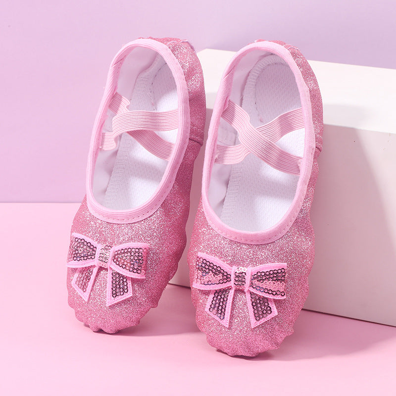 Sparkly pink ballet shoes with sequin bow detail, FashionRay trendy kids footwear
