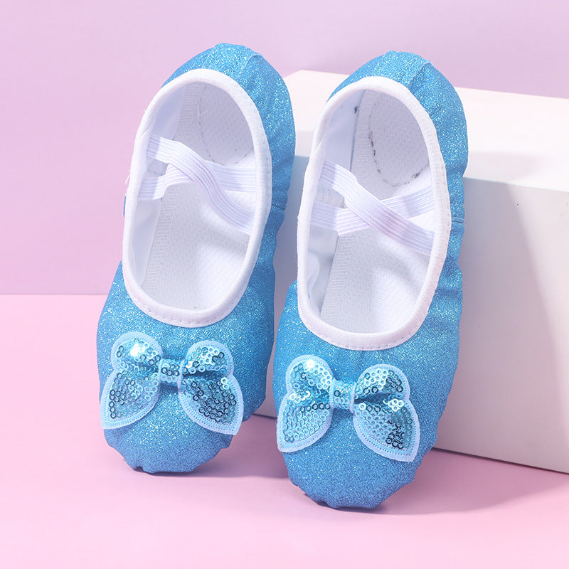FashionRay sparkly blue ballet flats with sequin bows, girls' shoes on pink background