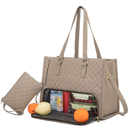 Beige quilted tote bag with insulated food compartment, wristlet, fruits, milk drinks, FashionRay style