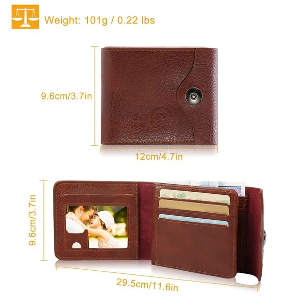 Brown leather wallet with card slots, ID window, and dimensions displayed, FashionRay style