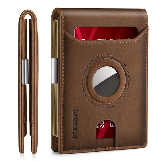 Slim brown leather RFID card holder wallet with visible red card and circular slot, FashionRay