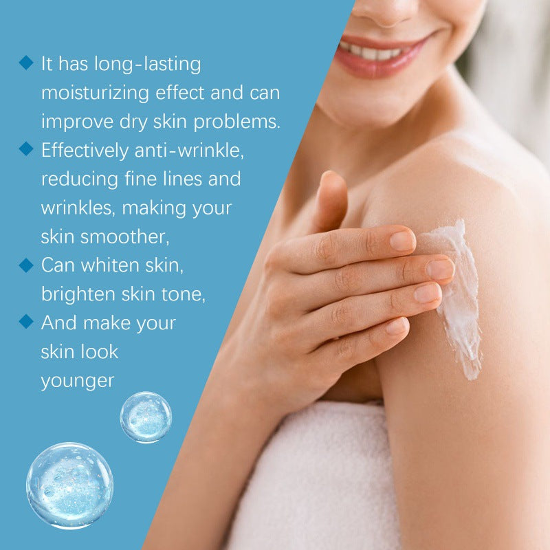 Woman applying moisturizing cream on shoulder, skincare benefits text overlay, FashionRay style.