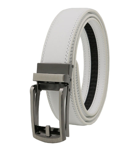 White leather belt with sleek silver buckle, stylish accessory from FashionRay