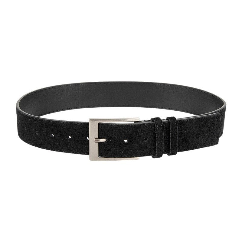 Black suede belt with silver buckle, FashionRay trendy men's accessory on white background