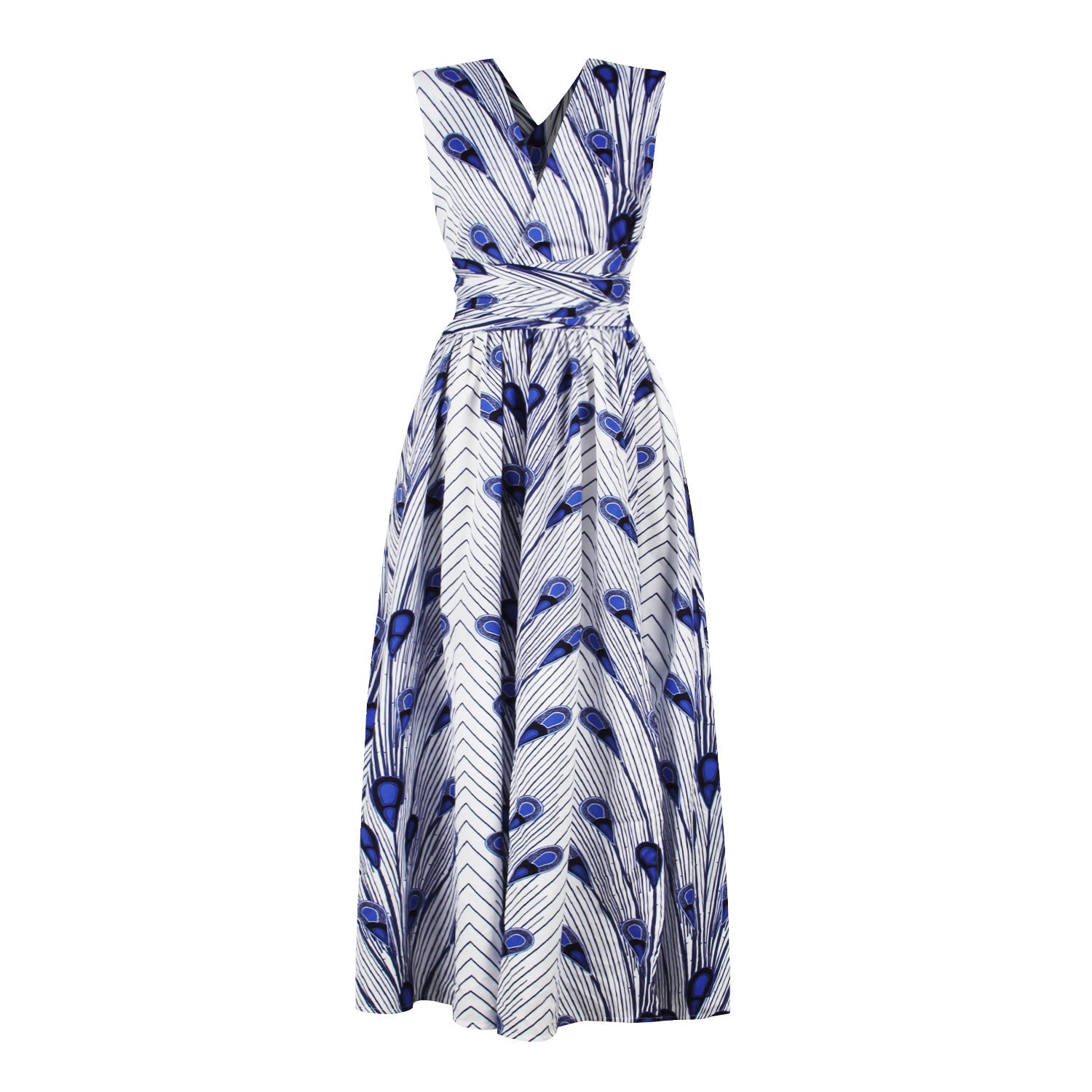 Sleeveless maxi dress with blue peacock feather print, elegant fashion by FashionRay