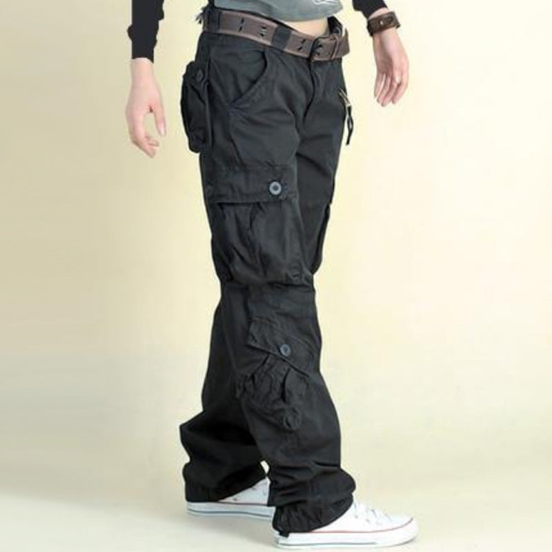 Black cargo pants with pockets and belt, casual streetwear from FashionRay