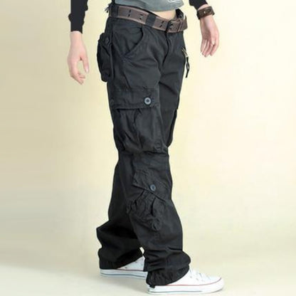 Black cargo pants with pockets and belt, casual streetwear from FashionRay