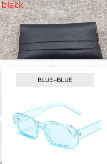 Black leather clutch purse and blue rectangular sunglasses on FashionRay.