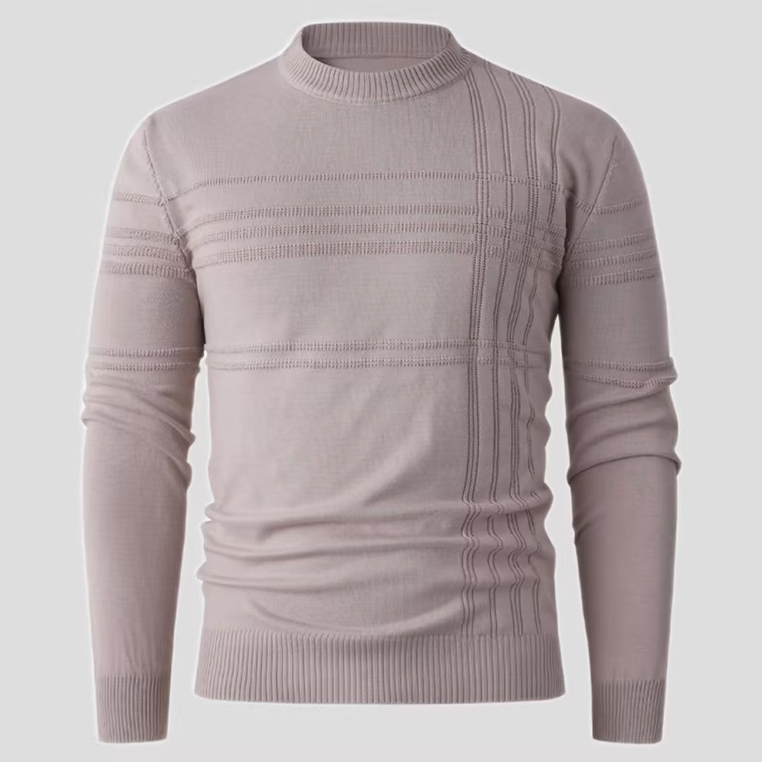Men's light mauve knit sweater with ribbed crew neck and textured stripe design, FashionRay style