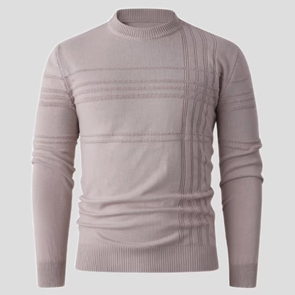 Men's light mauve knit sweater with ribbed crew neck and textured stripe design, FashionRay style