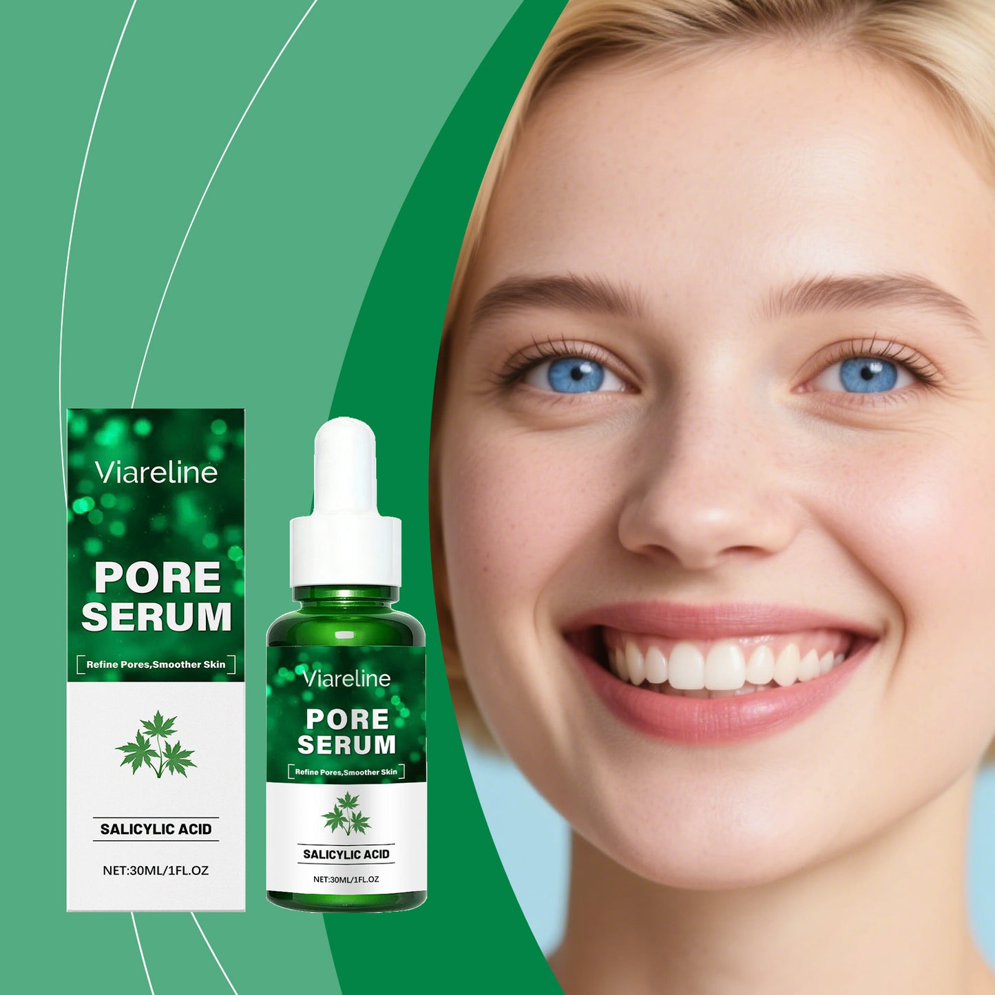 Viareline Pore Serum with salicylic acid and smiling woman with clear skin, FashionRay skincare