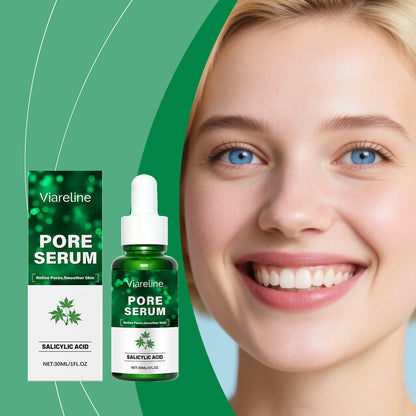 Viareline Pore Serum with salicylic acid and smiling woman with clear skin, FashionRay skincare