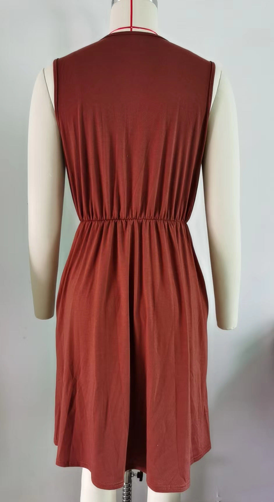 Sleeveless brown casual dress with elastic waist on mannequin, FashionRay trendy style