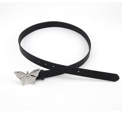 FashionRay black belt with silver butterfly buckle on white background, trendy accessory