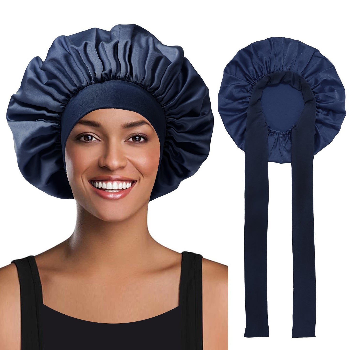Woman wearing a navy satin bonnet with long straps, shown front and back on white background