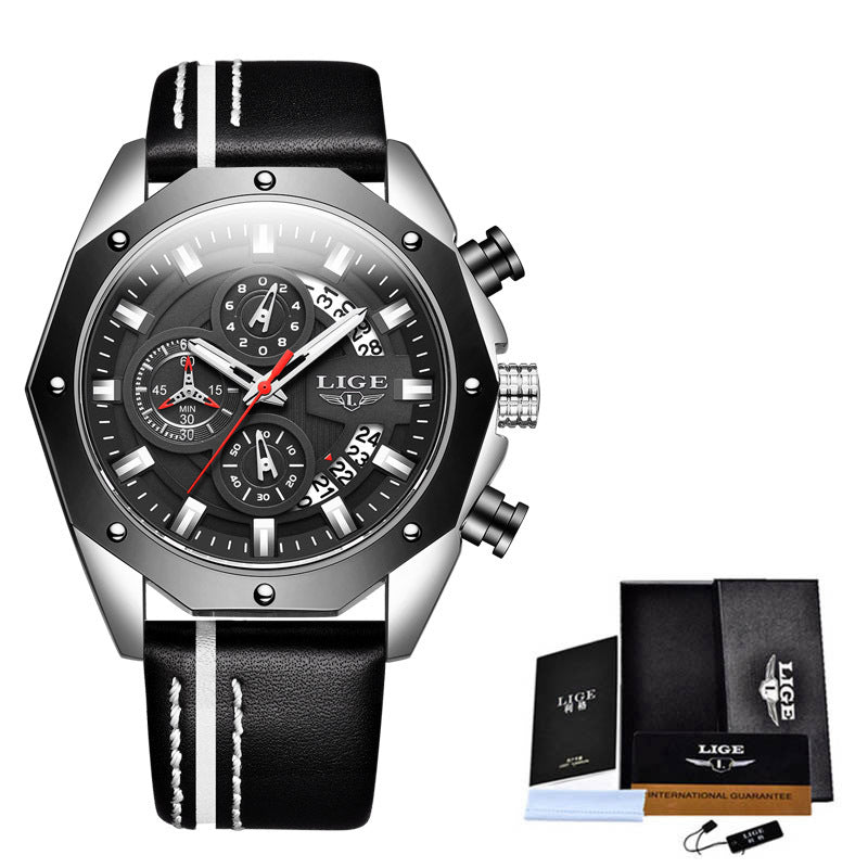 Men’s LIGE black leather wristwatch with chronograph and branded gift box set, FashionRay
