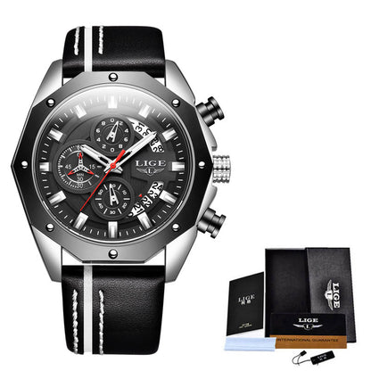 Men’s LIGE black leather wristwatch with chronograph and branded gift box set, FashionRay
