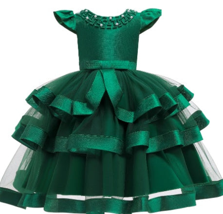 Elegant emerald green layered girls dress with satin and tulle, FashionRay kids clothing