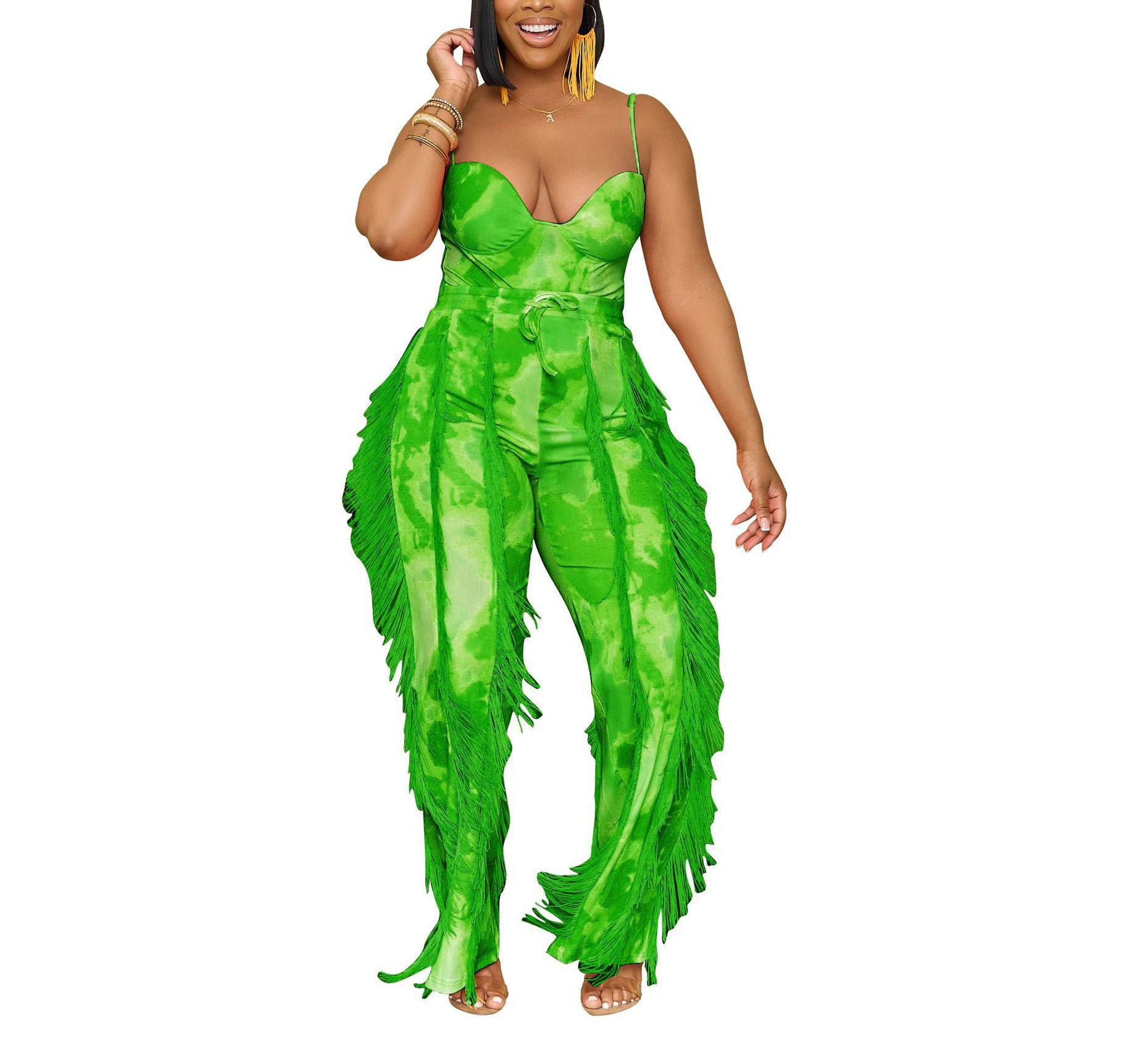 Woman wearing a vibrant green fringe jumpsuit from FashionRay, trendy and bold fashion style