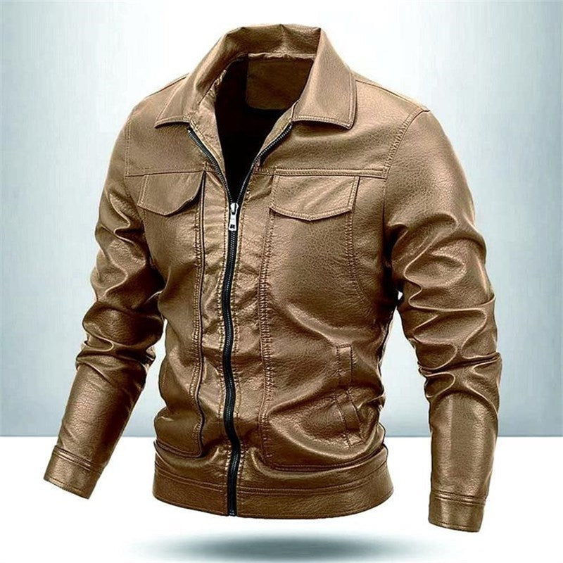 Men's brown faux leather jacket with front zipper and chest pockets, FashionRay trendy outerwear