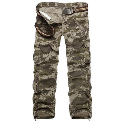 FashionRay men's camouflage cargo pants with side pockets and brown belt