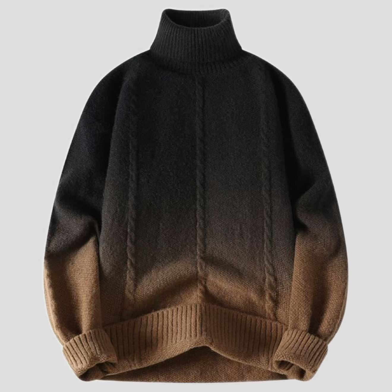 FashionRay cozy ombre turtleneck sweater in black and brown gradient, cable knit design