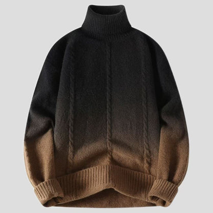 FashionRay cozy ombre turtleneck sweater in black and brown gradient, cable knit design
