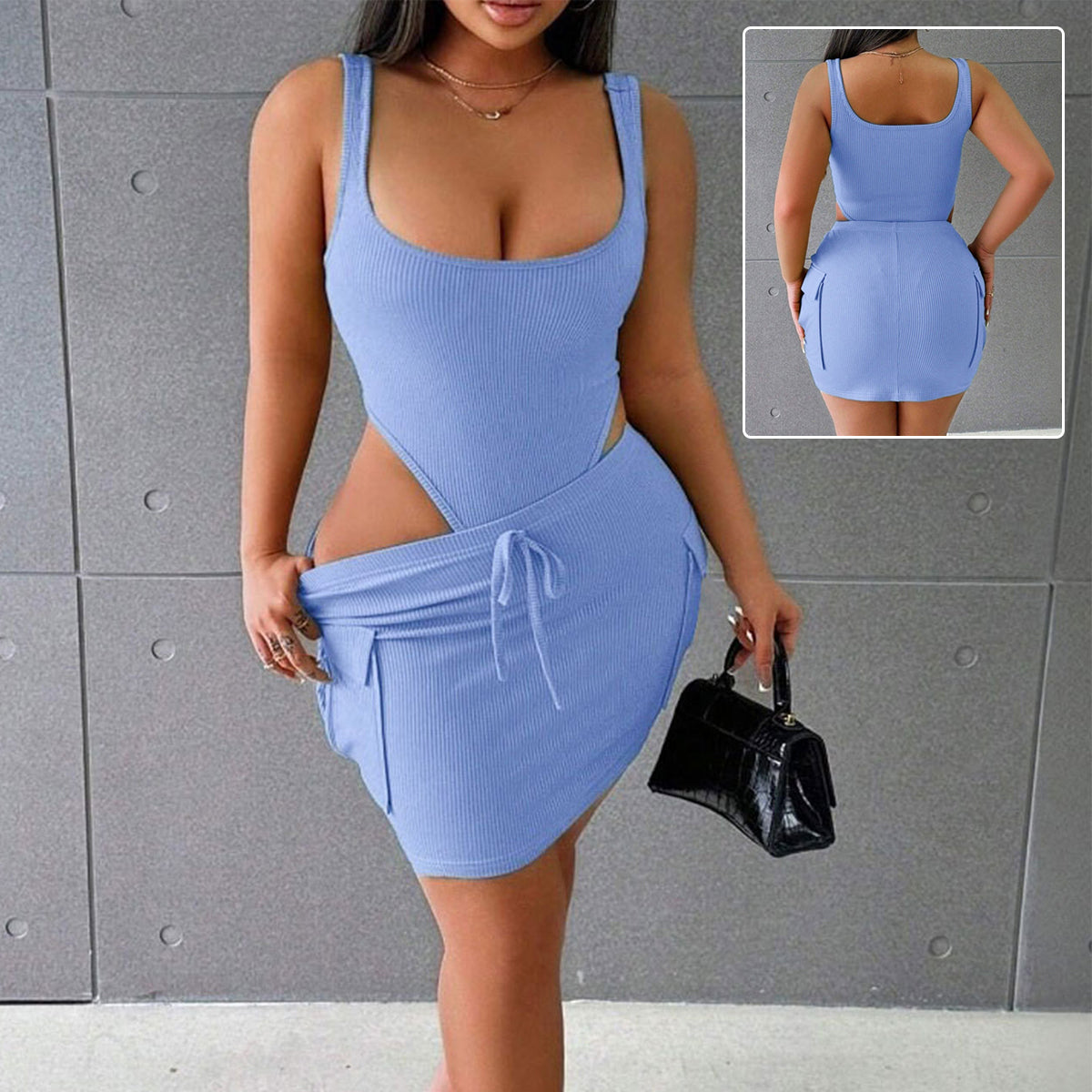 Woman modeling trendy blue cutout mini dress with drawstring waist, FashionRay style