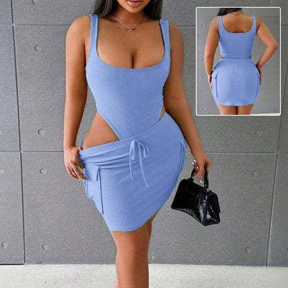 Woman modeling trendy blue cutout mini dress with drawstring waist, FashionRay style