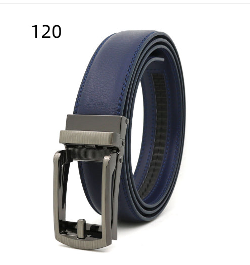 Navy blue men's leather belt with metallic buckle, FashionRay trendy accessory, size 120