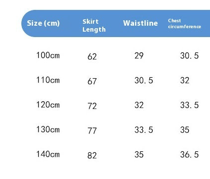 FashionRay size chart with skirt length, waistline, and chest measurements for kids.