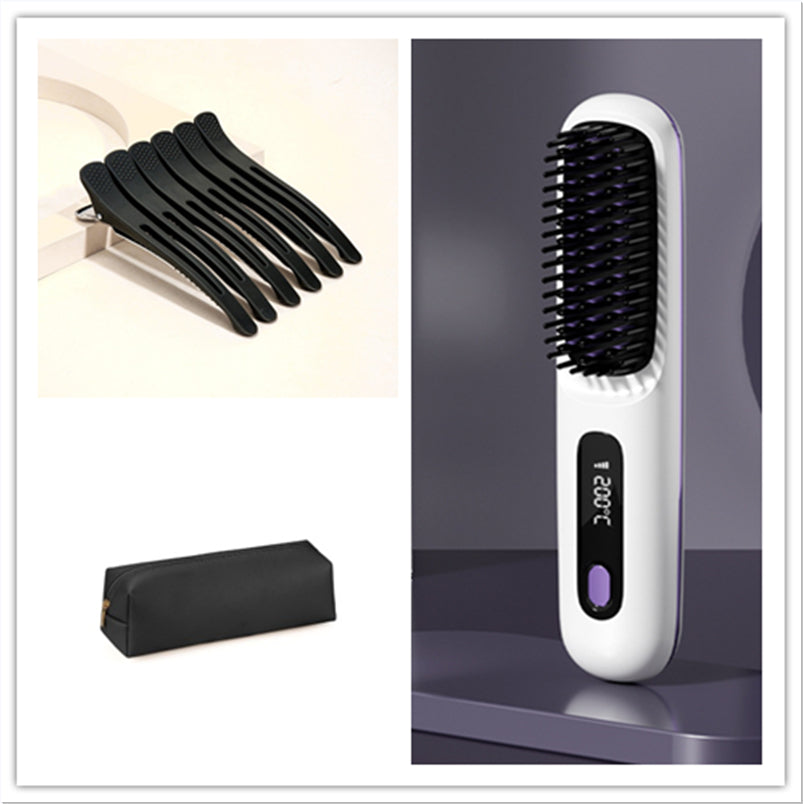 Hair straightening brush with digital display, black hair clips, and carrying pouch from FashionRay.