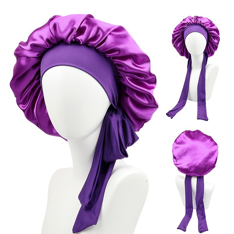 Purple satin bonnet with long tie straps, trendy sleep cap at FashionRay