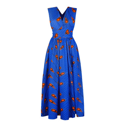 FashionRay vibrant blue maxi dress with sleeveless V-neck and bold orange pattern