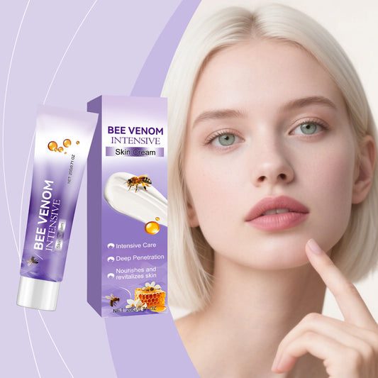 Bee Venom Intensive Skin Cream ad with tube, box, and model showing clear, radiant skin