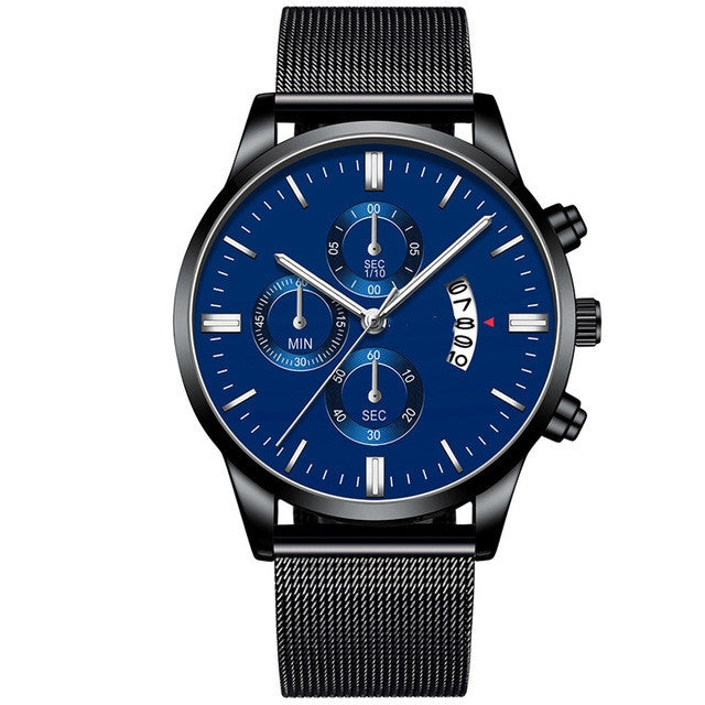 Men's black stainless steel mesh watch with blue dial, subdials, and date display from FashionRay.