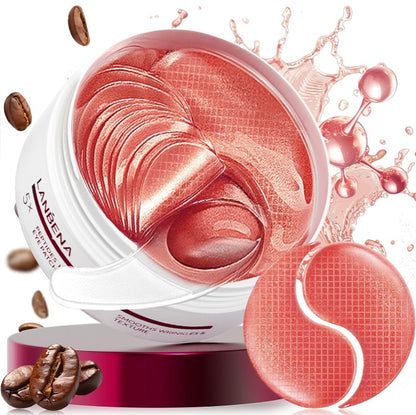 Lanbena eye patches in a glossy jar with coffee beans and serum splash, skincare product