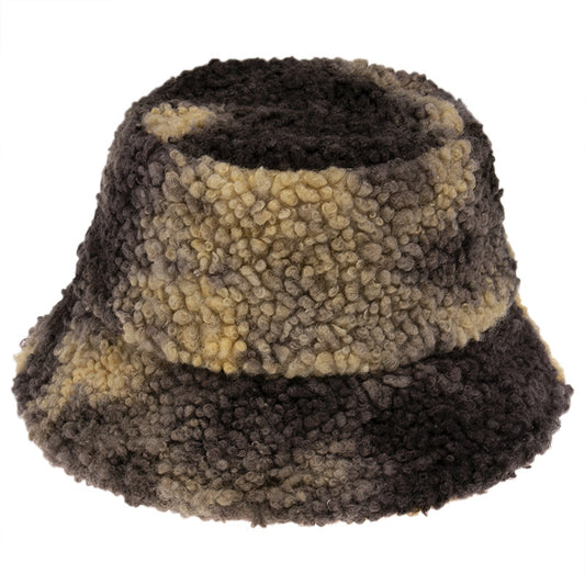 Brown and beige sherpa bucket hat, cozy texture, trendy FashionRay winter accessory