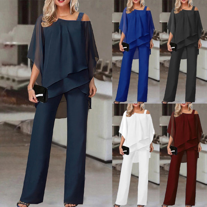 FashionRay women's layered chiffon two-piece pantsuit in five colors, stylish and comfortable.